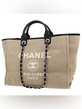 CHANEL Deauville Large Beige Canvas Tote with Black Leather Handles